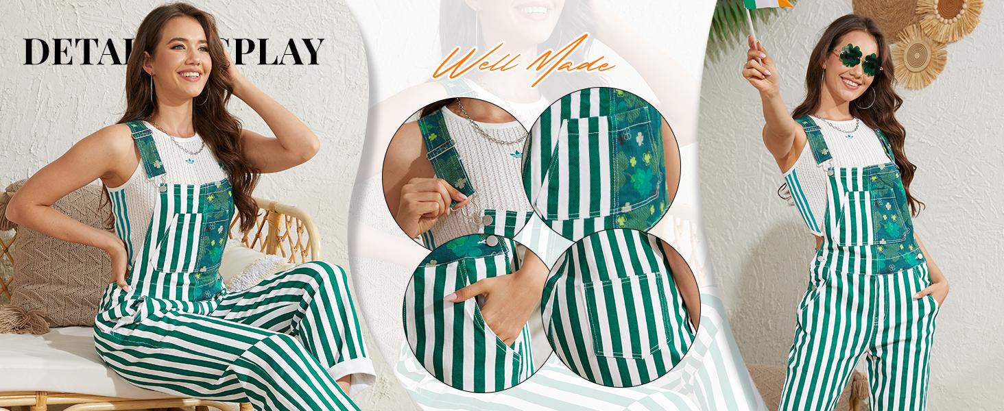Yuanbang St Patrick's Day Overalls for Men Lucky Irish Romper Spring Green Stripes Print Bib Stretch Denim Coveralls Adjustable Straps Jumpsuit Holiday Menswear Festival Beer Party Mardi Gras Outfits Dad Gifts Football Outwear SpringStatements