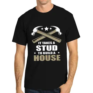 Men's Heavy-Duty Construction Worker T-Shirt - "It Takes a Stud to Build a House" Slogan with Crossed Hard Hats-Like Hammers & Stars - Black/Beige Print Casual Round Neck Tee for Builders, Contractors, Carpenter Apparel Menswear Tshirt