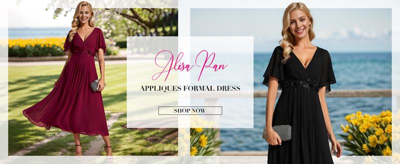 Ever-Pretty 2026 Valentine dress Spring Short Sleeves V-Neck Tea Length Wedding Guest Dress with Floral Applique 02093