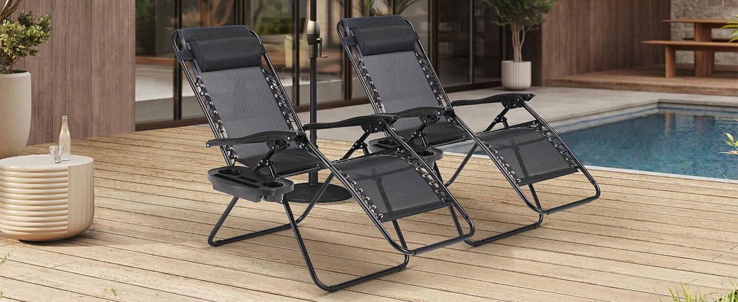 Outdoor Zero Gravity Chairs, Set of 2 Portable Recliner Beach Camping Patio Outdoor Folding Lounge Chair with Cup Holder Trays and Adjustable Pillow