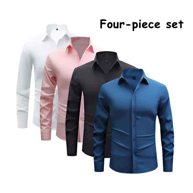 Men’s formal business dress shirts, 4-pack — solid color, slim fit, stretch fabric, wrinkle resistant, long sleeves, button-up tops; four-piece bundle for office, job interviews, and workwear