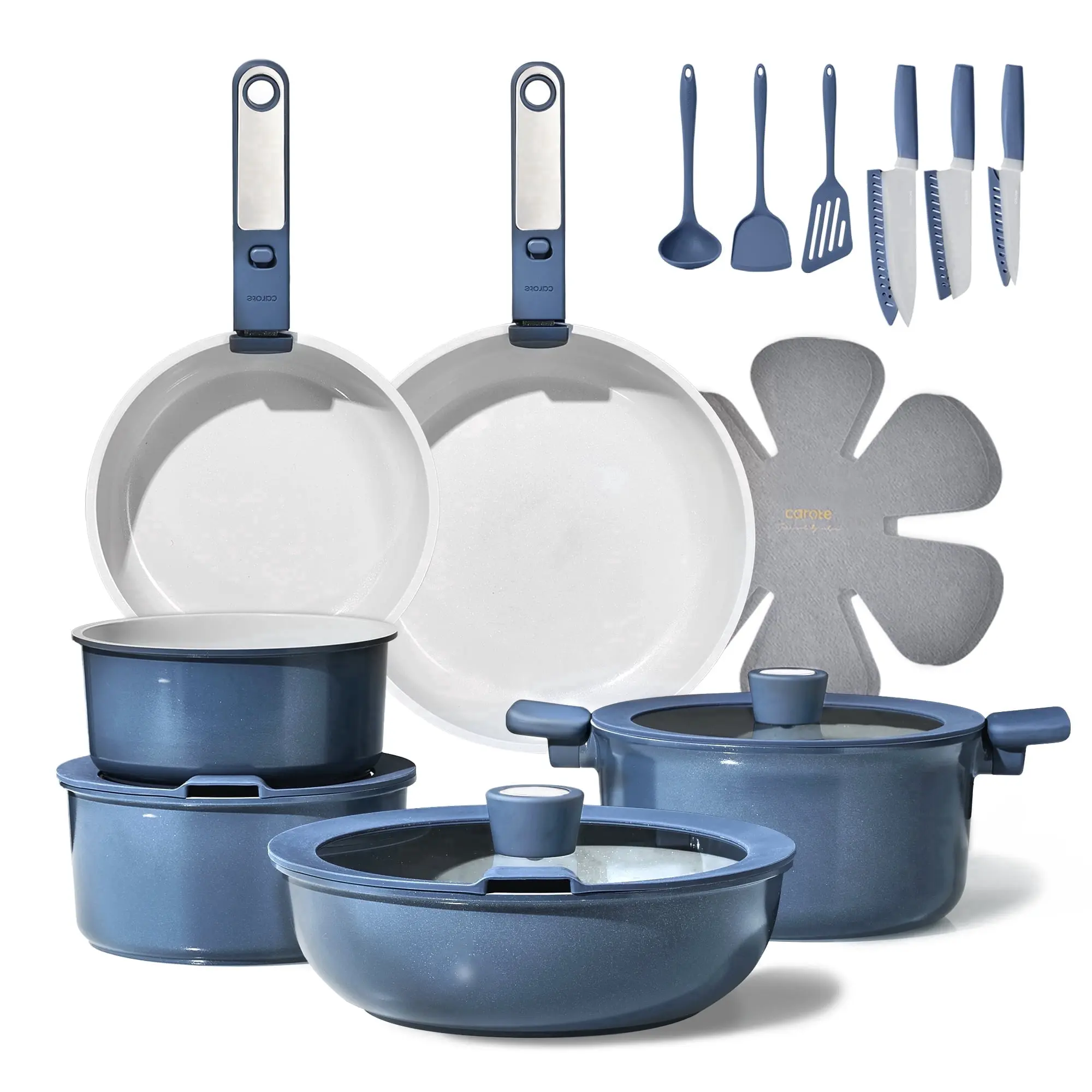 CAROTE 19 Pcs Ceramic Nonstick Cookware Set, Non Stick Pots and Pans with Detachable Handles, Oven Safe, Induction Cookware, Stackable Kitchen Set, Blue