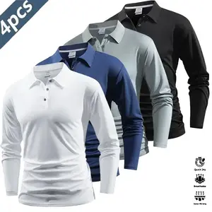 Men’s four-piece long-sleeve polo set, quick-dry golf/tennis apparel featuring a comfortable contrast color design at the collar and cuffs—casual sports that suits both leisure and athletic activities.