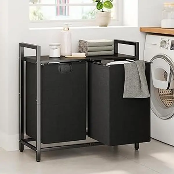 Kitstorack Laundry Basket Organizer - Hamper with Shelf, 2 Pull-Out Removable Bags, 2x11.8 Gal (44.5L) for Laundry Room, Bathroom, Wood, Modern