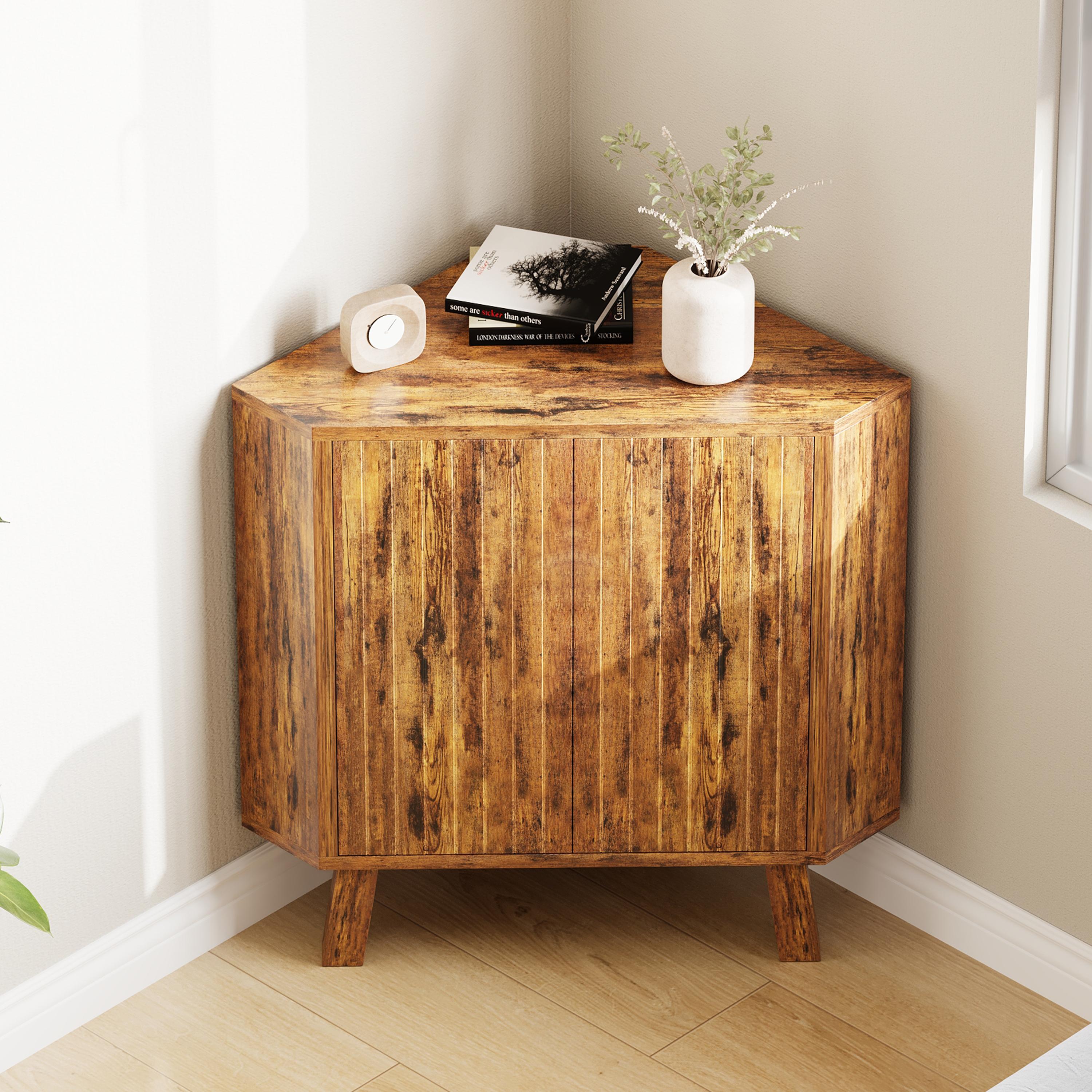 31.5'' Corner Cabinet with Doors, 3-Tier Industrial Fluted Corner Shelf with Adjustable Shelf, Freestanding Triangle End Table for Living Room, Bedroom, Kitchen, Bathroom