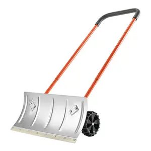 24 inch snow shovel with wheels, equipped with shovel blades 24 wide and 11.42 inches high, and a durable metal snow plow for lanes, silver