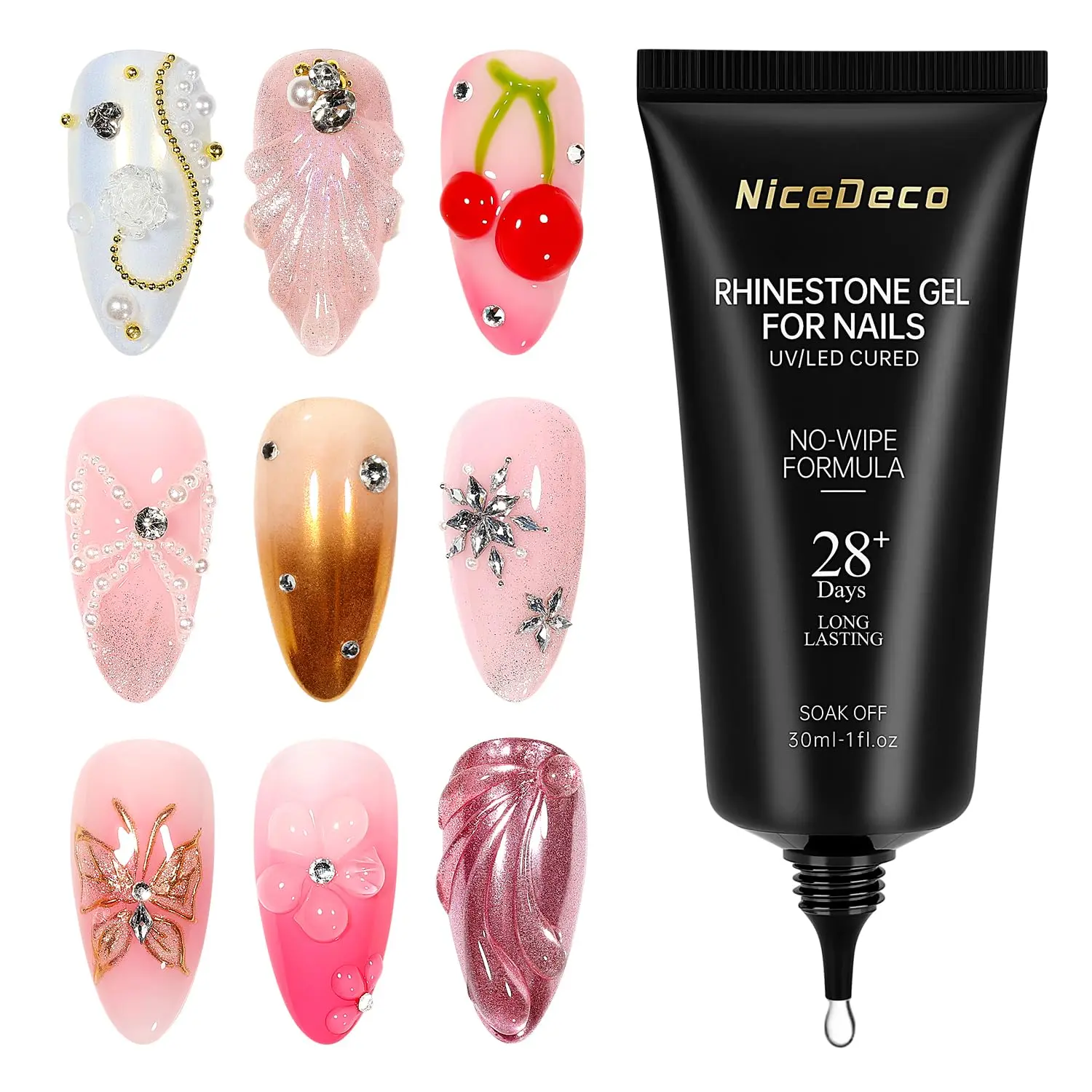 Nicedeco No Wipe Rhinestone Glue for Nails 30ml, 3D Strong Adhesive Nail Charms Nail Gems Nail Art Glue for Crystal Stones Jewels Diamonds, Nail Lamp Required