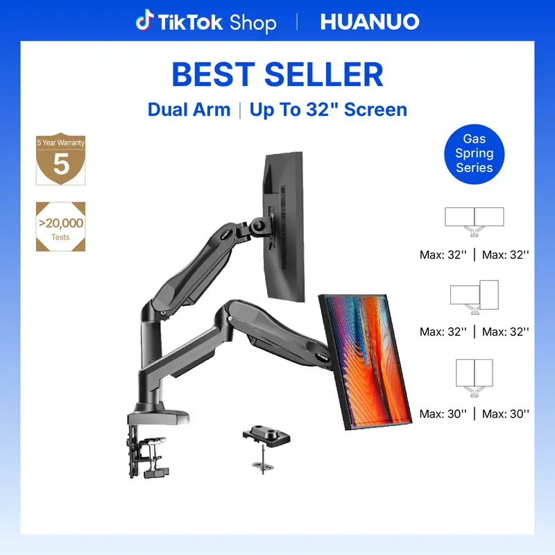 HUANUO Dual Monitor Arm Adjustable Gas Spring Monitor mount for Gaming and Home Office Setups, Monitor Arm hold up to 30" with 19.8 lbs Max Weight and C-Clamp or Grommet Hole Mounting