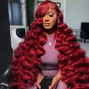 MYLOCKME 34 36Inch Burgundy Color Body Wave Wig Human Hair 13x6 13x4 99j Body Wave Lace Front Wigs Pre Plucked Red Color Hair Wig For Women 180 Density