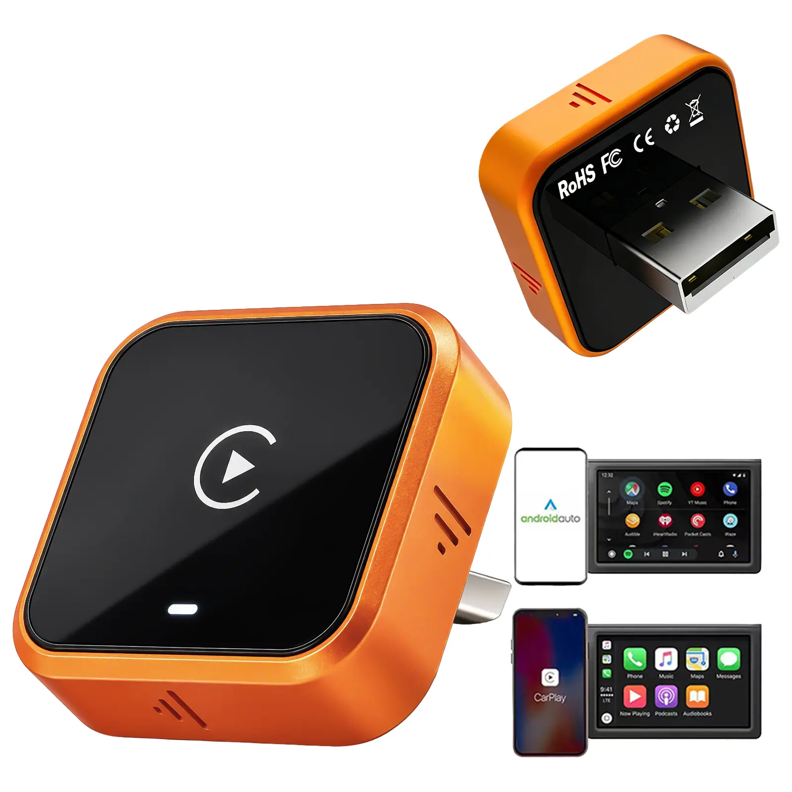 2026 New Wireless CarPlay Adapter, Wired to Wireless Converter for Apple CarPlay & Android Auto, Stylish Orange Finish, Car Gadgets, Car Connectivity Adapter