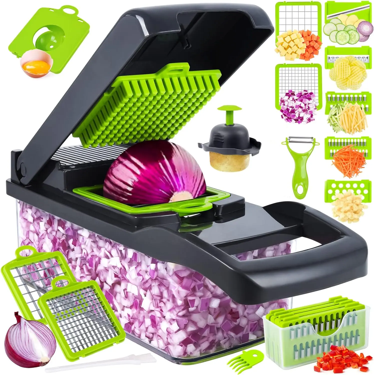 14-in-1 Practical Multifunctional Food Chopper Kitchen Gadget - Stainless Steel Durable Vegetable Slicer, Potato Cutter, Vegetable Shredder, Salad Dicer with 8 Blades & Storage Container