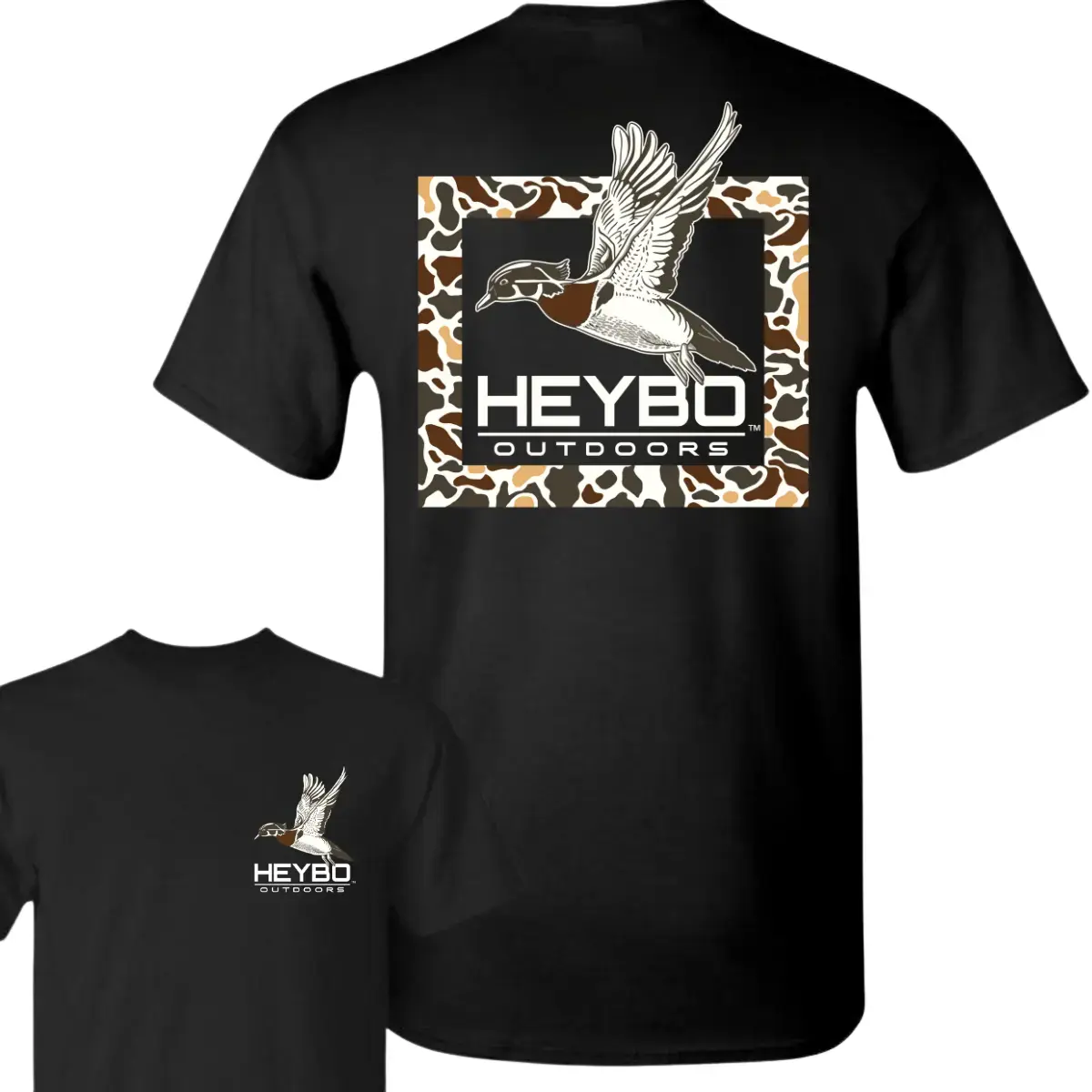 Heybo Outdoors Unisex Camo Duck Crew Neck T-Shirt Top - Short-Sleeve Printed Fabric, Bold Duck Graphic with Camo Frame, Relaxed Fit, Casual Tee, Women's T-Shirt, Ideal for Hunting Enthusiasts