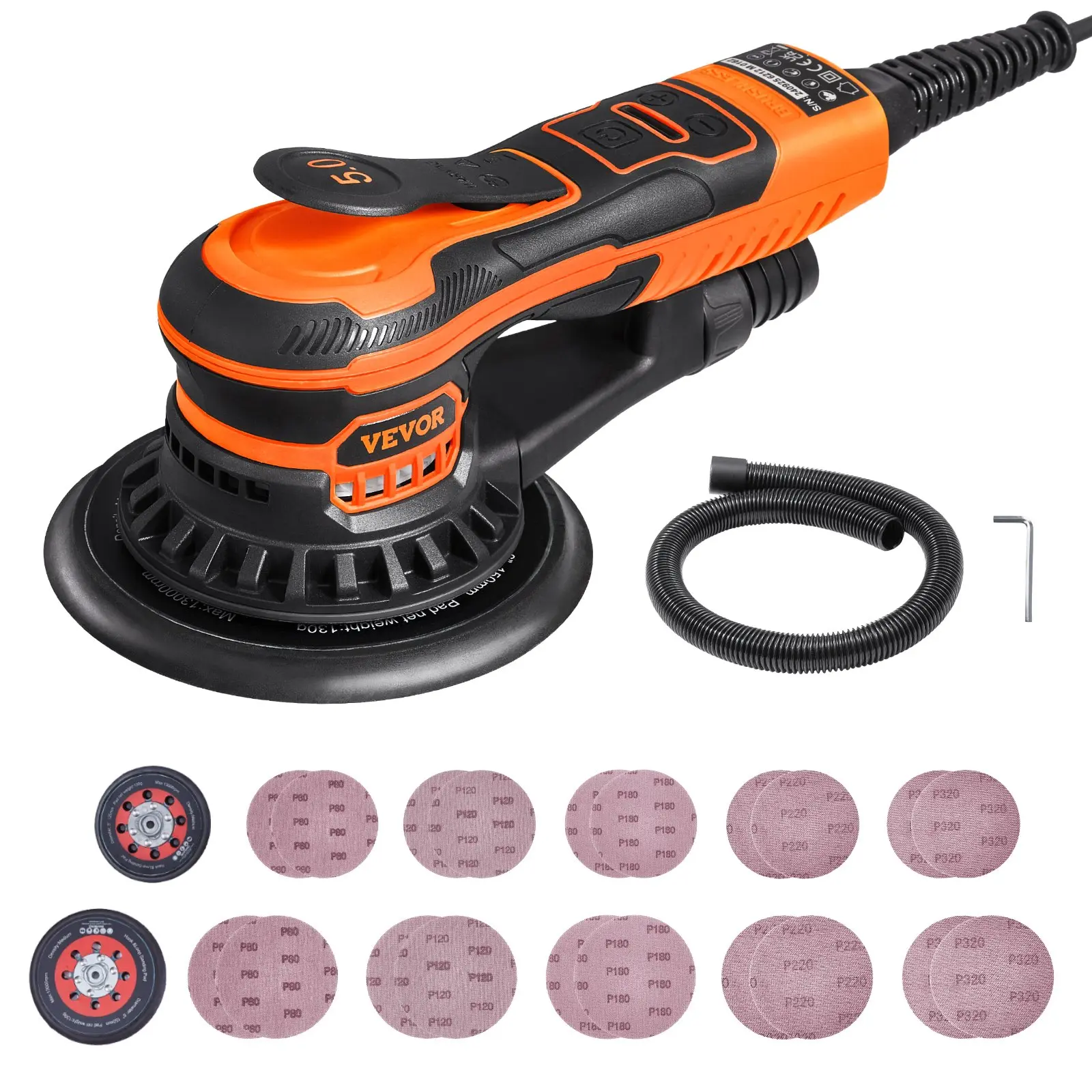 VEVOR 5/6" Random Orbital Palm Sander Tool Kit, 350W Brushless Motor Power Tool, 6 Variable Speed 10000 RPM Portable Orbital Polisher, 5/6" Pad Swap, Palm Grip, 20 Sandpapers, Dust Connector & Hose, Multi-Surface Woodworking Detailing (Father's Day Gift)