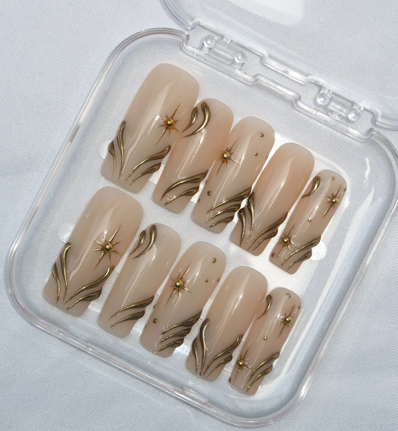 Glamorous Press-On Nails, Long Square Nude & Gold Nail Set with 3D Chrome Designs - Reusable, Handcrafted & Long-Wearing Art, Vegan & Cruelty-Free, Metallic, Wear 4 Weeks