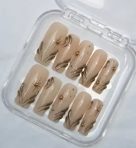 Esme Set by Pretty Set Studios - Long Square Nude & Gold Press-On Nails with Gold Chrome 3D Designs - Handcrafted, Eco-Friendly, Reusable, Vegan & Cruelty-Free
