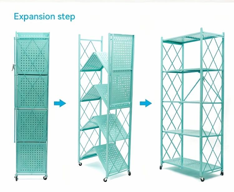 3/4/5-Tier Portable Multifunctional Storage Rack, Floor-Standing Storage Rack with Lockable Wheels, Space-Saving, No Assembly, Foldable Storage Shelf with Durable Carbon Steel Frame for Bedroom, Balcony, Garden, Standing Shelf