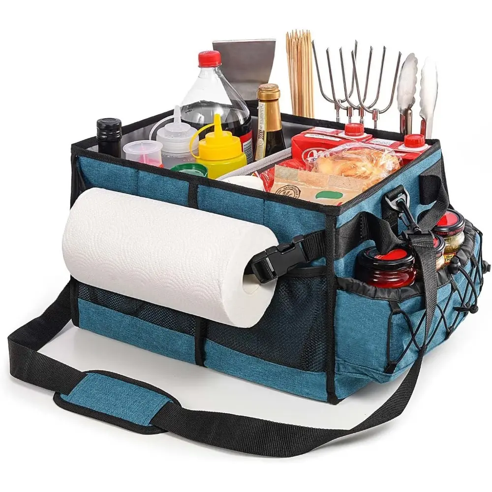 Portable Wear-Resistant Foldable Waterproof Grill Caddy with Removable Paper Towel Holder, 2 Main Spacious Interiors, 4 Cooking Utensil Slots, 5 Functional Areas, Aluminum Coating - BBQ Tool Storage Organizer for BBQ Lovers, Campfire/Cookout Ready, Detach