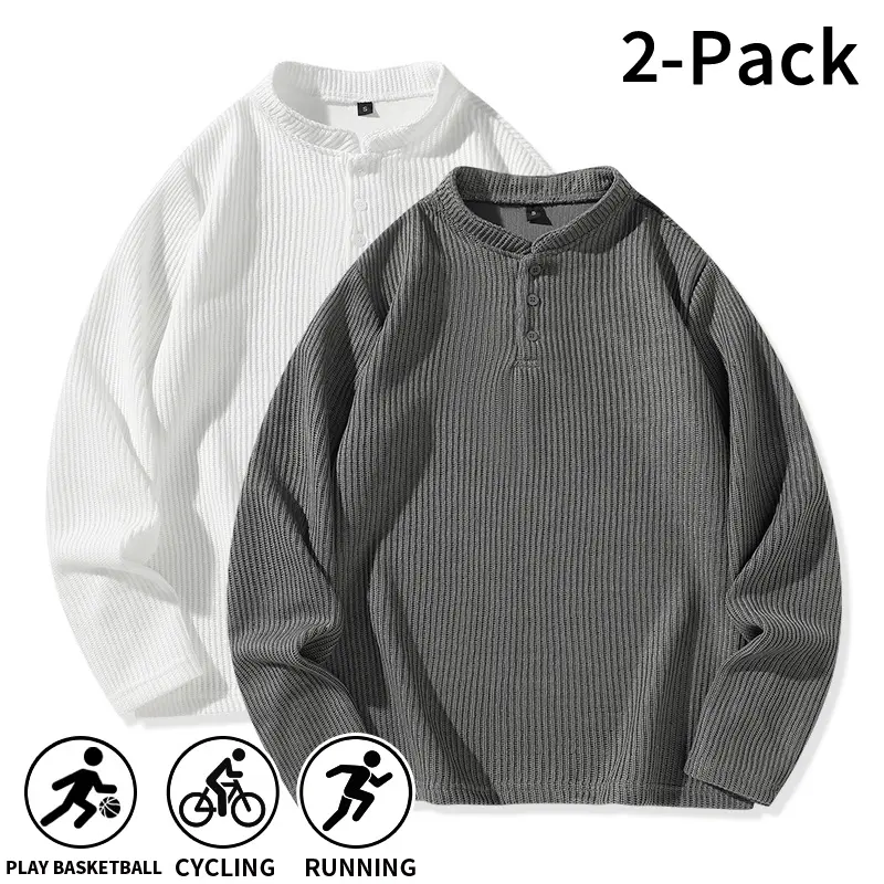 2‑Pack Men’s Waffle‑Knit Henley‑Neck Pullover Sweaters, Autumn‑Winter Style, Suitable for Commuting, Working Out, Running, and Everyday Casual Wear