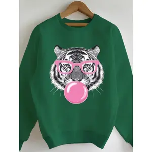 Women's Cozy Green Tiger Bubblegum Graphic Sweatshirt - Casual Crew Neck, Long Sleeve, 100% Polyester Pullover, Machine Washable - Perfect for Fall/Winter Hoodie Crewneck Fabric Womenswear Tops