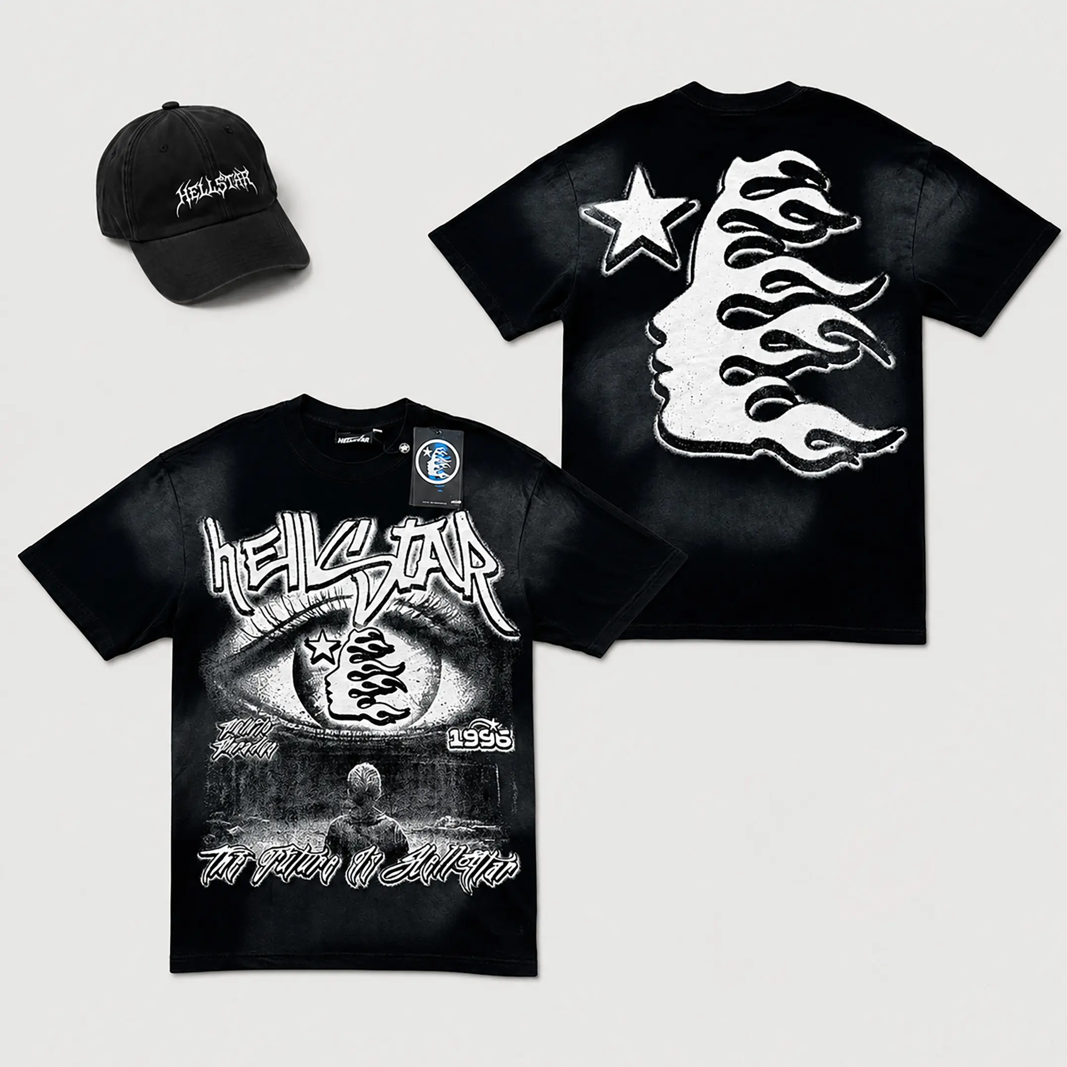 Hellstar Graphic T Shirt Heavyweight Cotton Crew Neck Short Sleeve Tee Vintage Washed Black Oversized Y2K Streetwear Hip Hop Eye Face Star Front Back Print Casual Summer Party Festival Men Women Unisex Teens Adults
