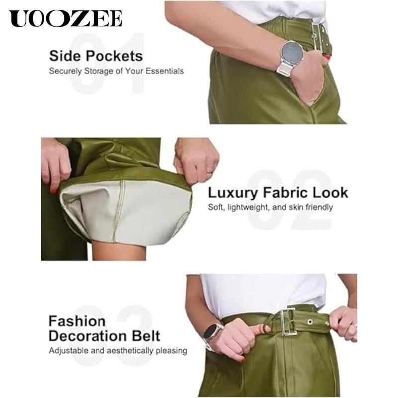 UOOZEE NEW  Women's Faux Leather Pants PU High Waist Wide Leg Pants with Pockets Pleated Going Out Flare Trousers
