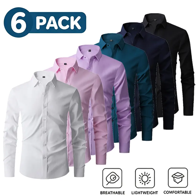 6-Pack Men’s Slim Fit Long Sleeve Business Dress Shirts, Lightweight Breathable Solid Color, Wrinkle-Free Commuter Shirts, Multiple Colors