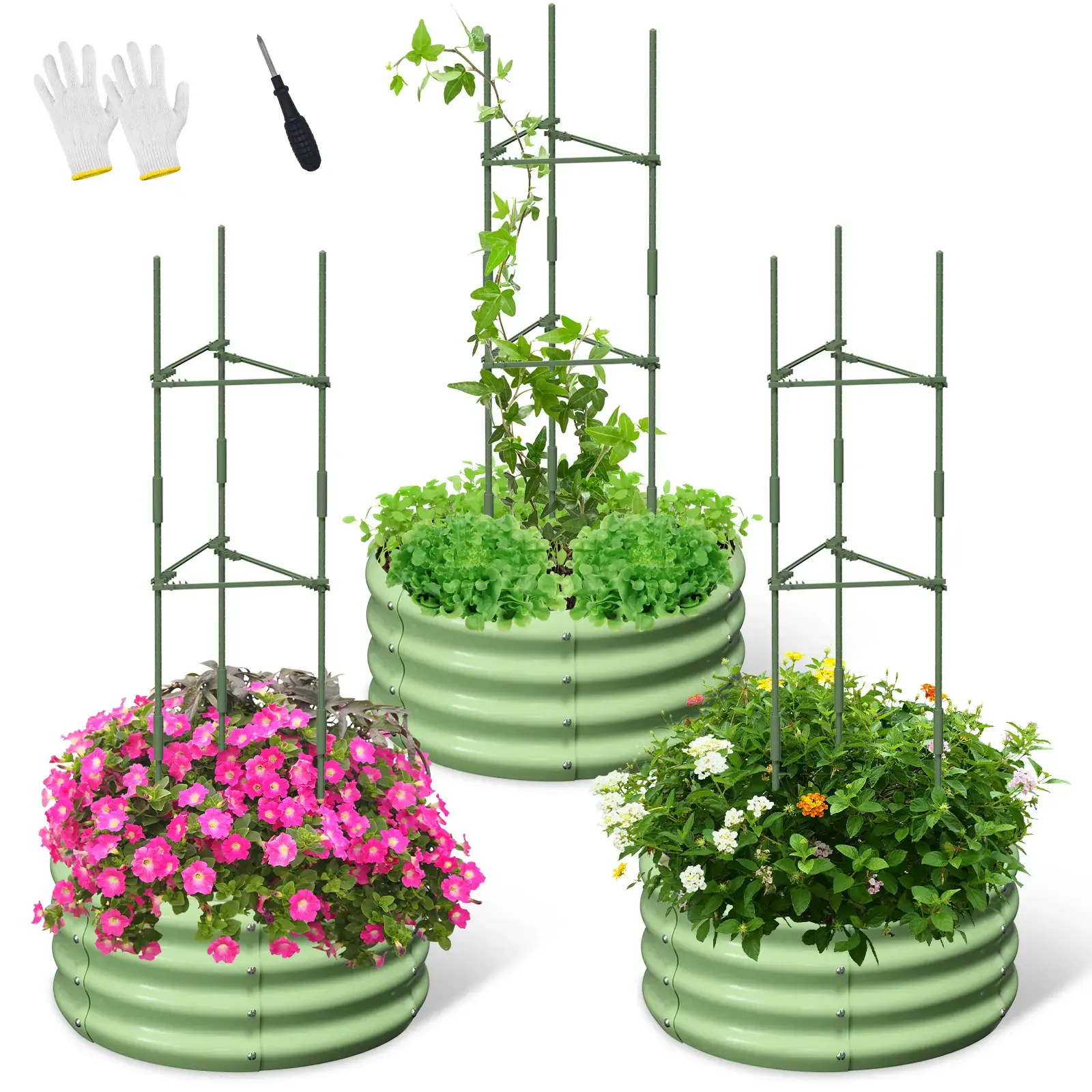 DoCred 3 Pcs Metal Elevated Planting Box with Tomato Cages - Planter with Trellis, Outdoor Vegetables Growing Solution for Veggies, Herbs & Flowers