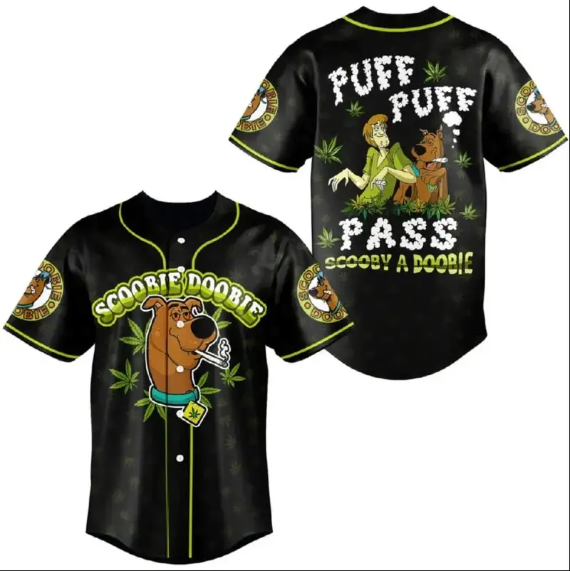 Scoobie Doobie Puff Puff Pass Baseball Jersey – Funny Stoner Cartoon Shirt, 420 Weed Leaf All Over Print, Unisex Button-Up Jersey, Streetwear Party Outfit, Chill Vibes Gift for Weed Lovers, Festival & Casual Wear