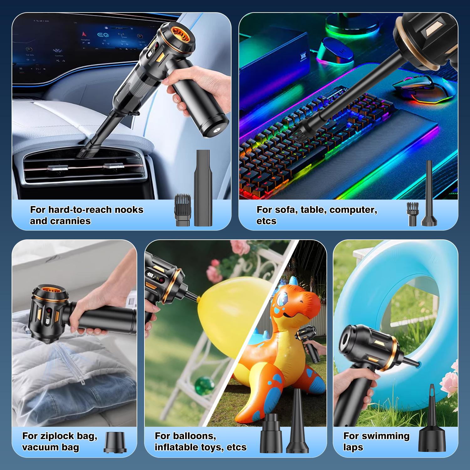Car Vacuum Cleaner, 4 in 1 Portable Vacuum Cleaner & Air Duster, 16000Pa Brushless Motor Handheld Vacuum Cordless with 2000mAh Battery, LED Light, Multi-Nozzles for Car, Home, Office, Keyboards