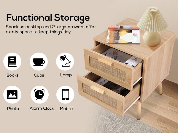 VOWNER  2PCS Rattan Nightstand, End Table with 2 Drawers and Solid Wood Legs, Side Table with Storage for Bedroom, Easy Assembly Night Stand for Kids Room