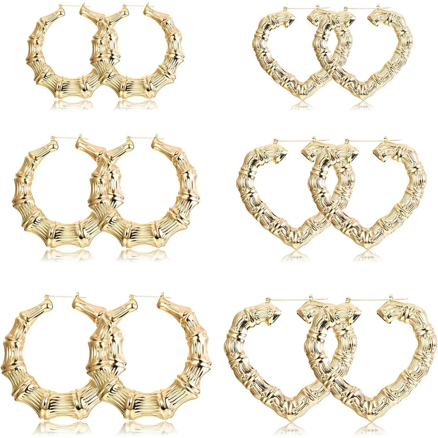 CASSIECA Women's 6-Pair High Quality Lightweight Hollow Casting Bamboo Earrings Set - Oversized Various Shapes, Alternative Artistic Earring Stack, Fashion Rapper Accessories, Mother's Day Gift, High Quality Earrings, Lightweight Earring