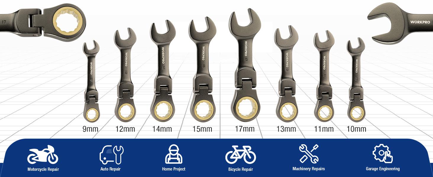 #JumpstartSale WORKPRO 8-Pack Flex Head Stubby Ratcheting Combination Wrench Set, 72-Teeth, CRV, Nickel Plating with Rolling Pouch