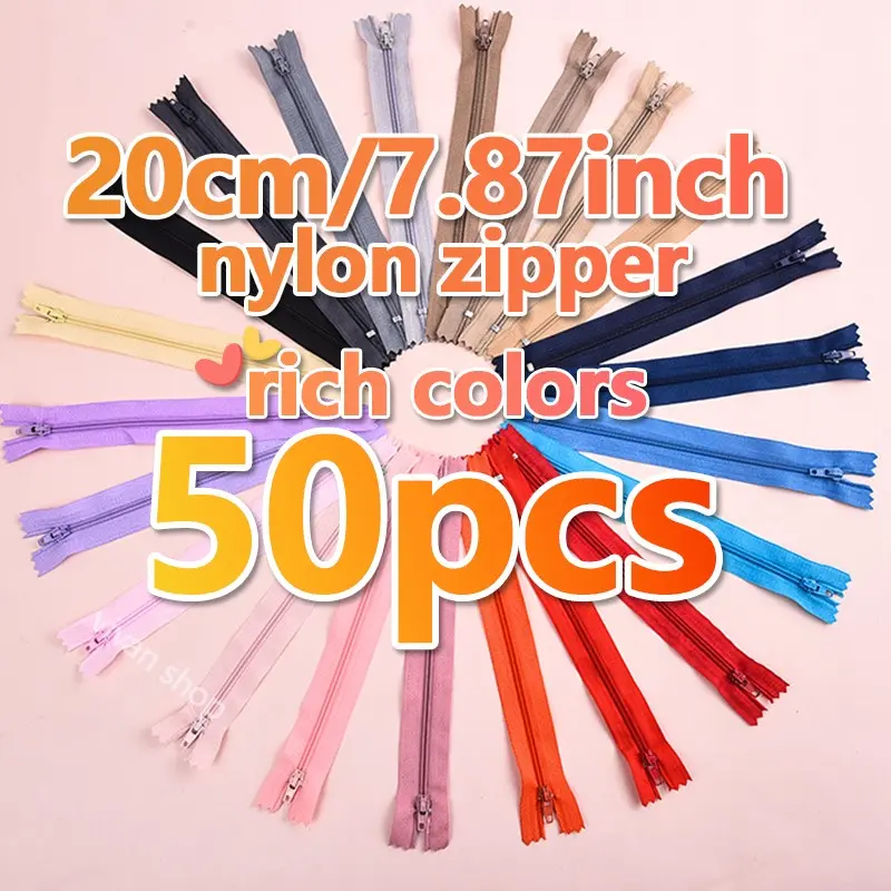 Multiple Nylon Zippers, 7.87 Inch Durable Closed Pocket Zips, Ideal for Sewing, Clothing, Wallet Repair, 20/50 Pack, Zipper Closure