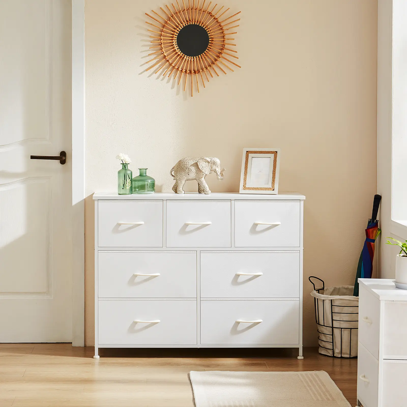 Drawer Dresser Organizer Storage Drawers Fabric Storage Tower with 7 Drawers, Steel Frame, Wood Top, Chest of Drawers with Fabric Bins