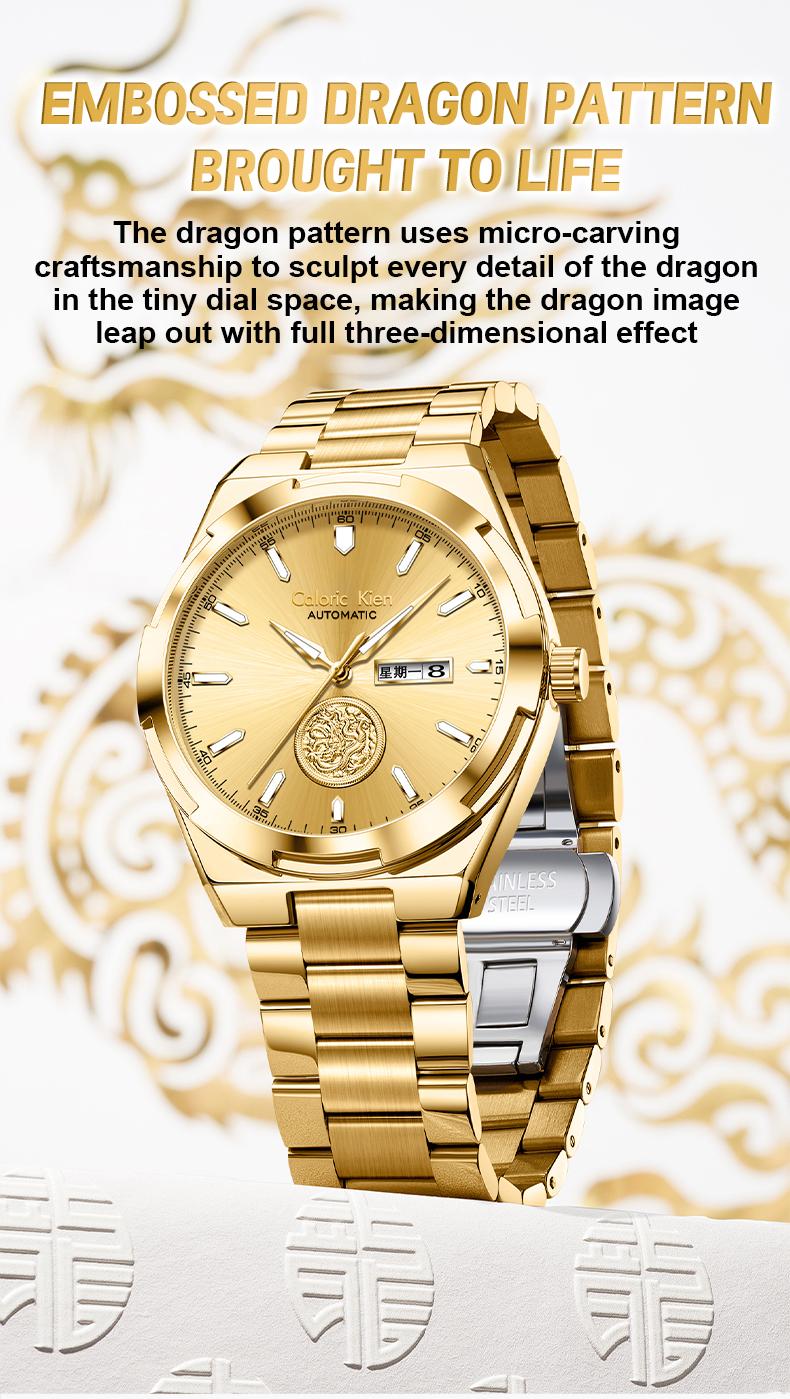 Calonic Kien Men's Luxury Swiss Automatic Gold Watch with Dual Calendar 42mm Stainless Steel Band Luminous Display Water Resistance Buckle
