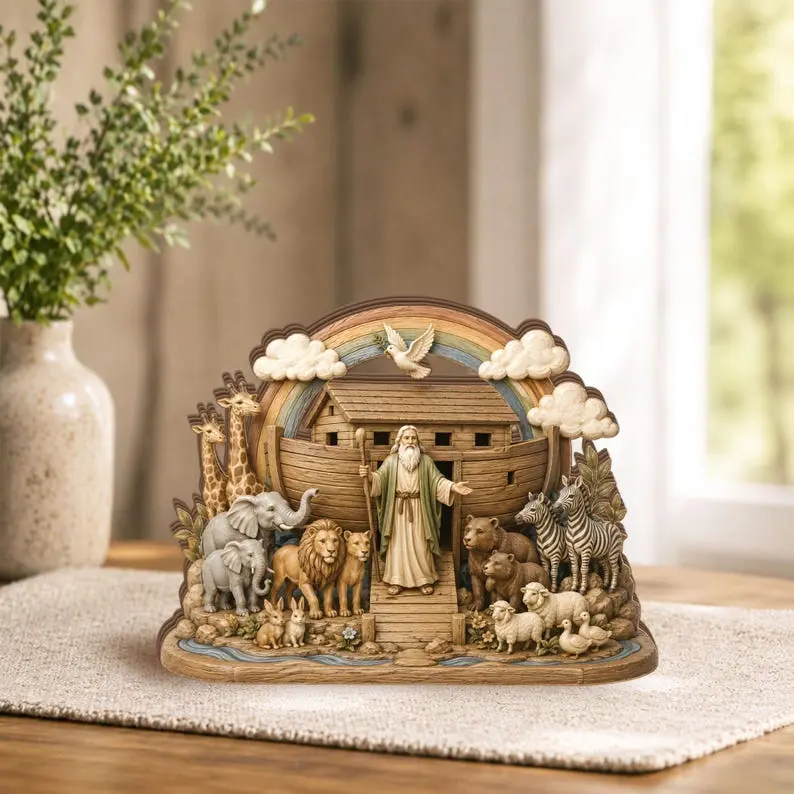 Noah’s Ark Wooden Block Decor, Bible Story Christian Shelf Sitter, Religious Nursery Table Sign, Noah Ark Animal Faith Gift, Religious Gifts