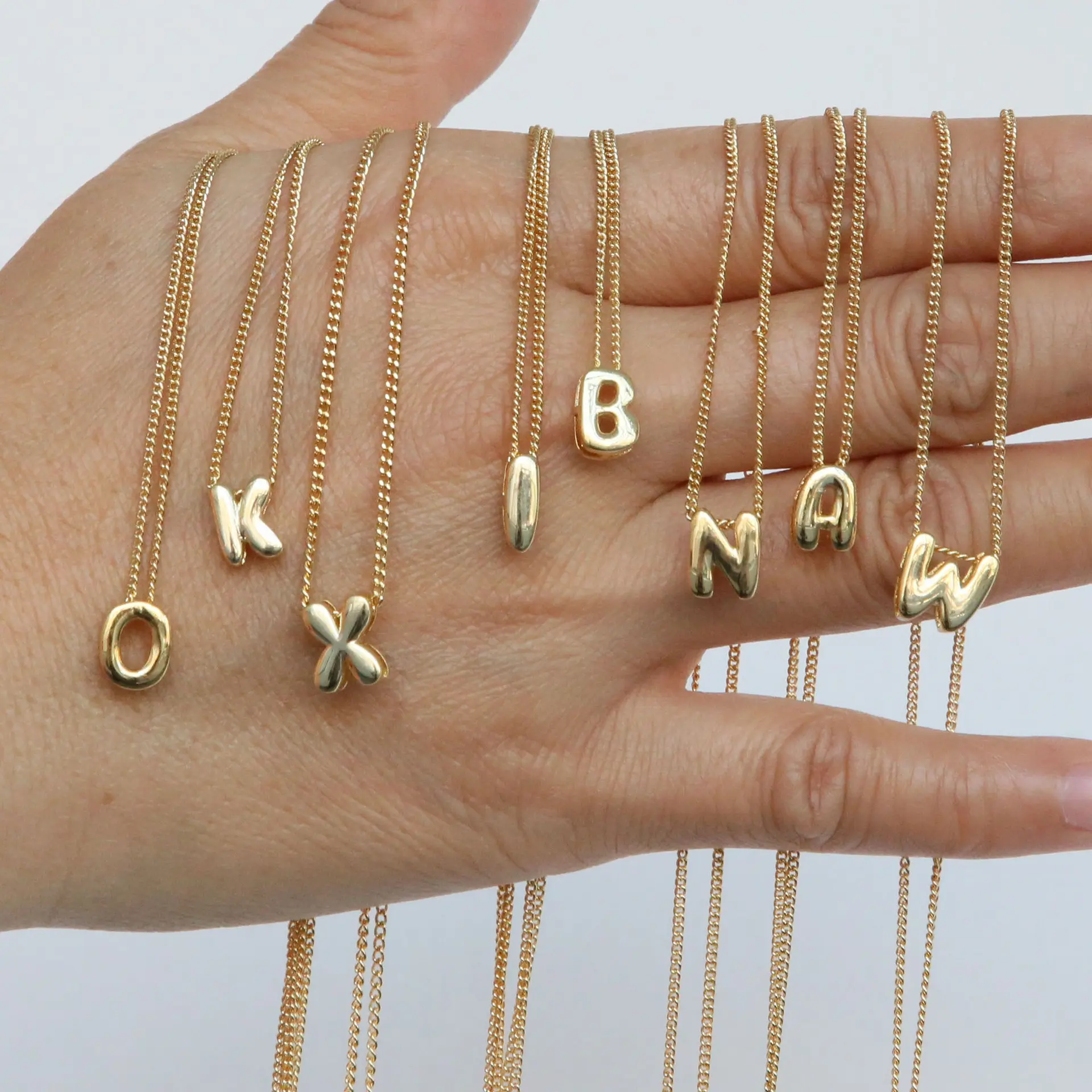 DIY 26 Alphabet 14K Gold-Plated Letter Pendant Necklace Brass Smooth Bubble Balloon Set Adjustable 17'' to 19'' Chain for Women Girls