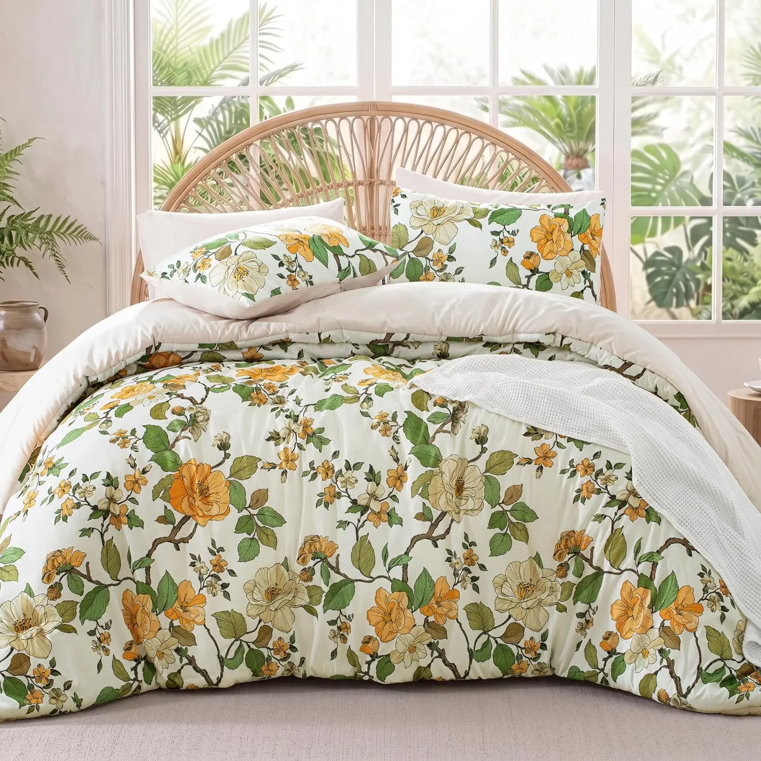 【Back to School】Exclusivo Mezcla Reversible Floral Printed Comforter Bedding Set with Pillow Shams, Soft Lightweight Microfiber, Breathable & Easy Care, Machine Washable All Season Use