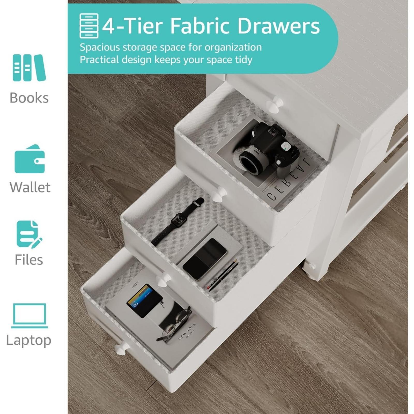 Lufeiya White Computer Desk with Fabric Drawers & Storage Shelves, 55 Inch Study Work Writing Desk for Home Office Bedroom, Simple Modern Cute PC Desks Table, White