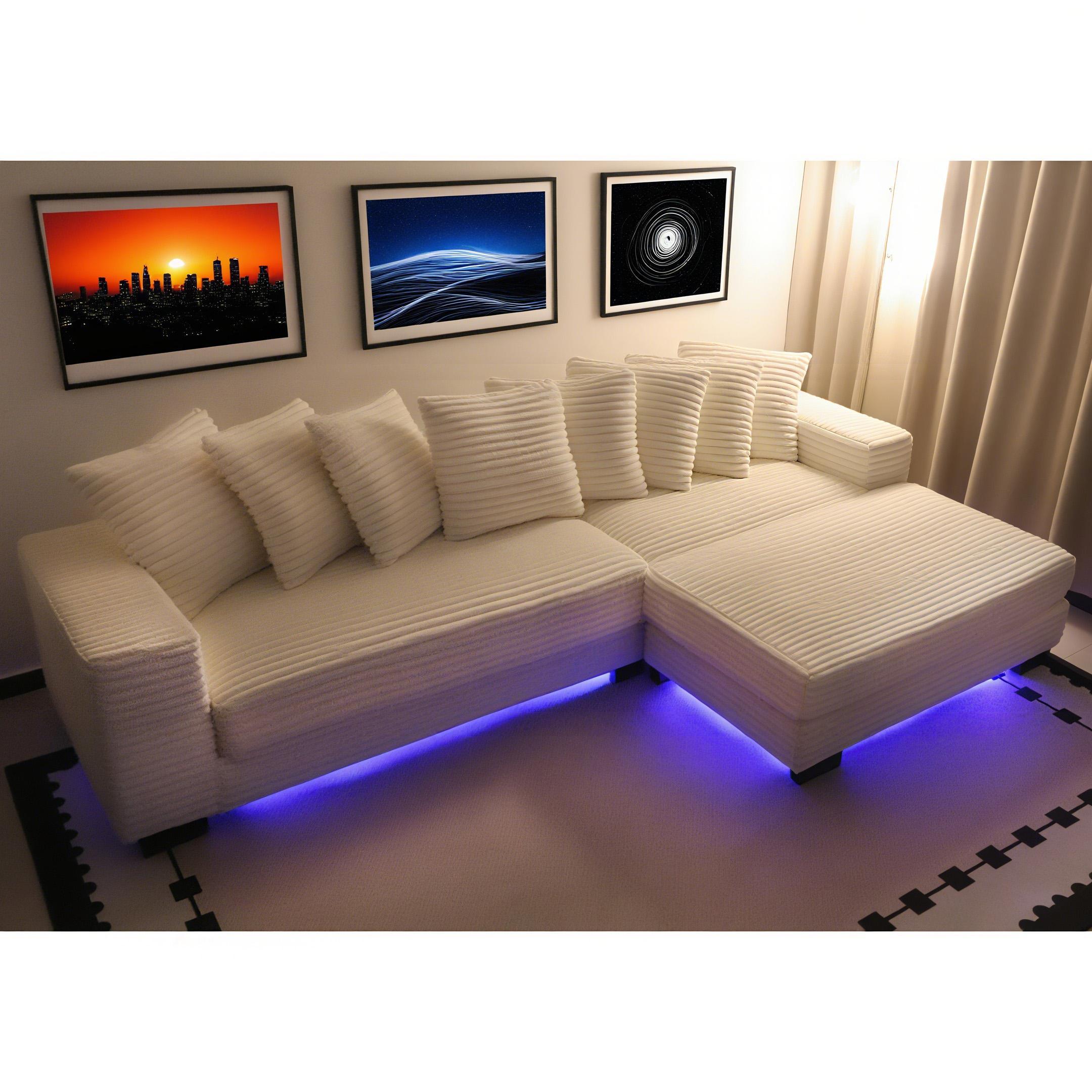 【Sub 3 packages】Nicceae 110" LED Lighted L-Shaped Sleeper Sectional Sofa – Modern Modular Design, Adjustable Footrests, 8 Throw Pillows, , Easy Assembly, Ideal for Living Room, Bedroom, Apartment, Hotel L-Shaped Corduroy Sofa with Pillows cob  couch
