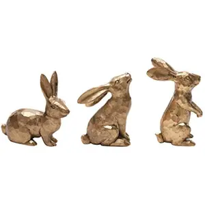 Golden Polyresin Bunny Decor Rabbit Figurines, Easter Bunny Statue Set of 3 for Spring Tabletop Decor