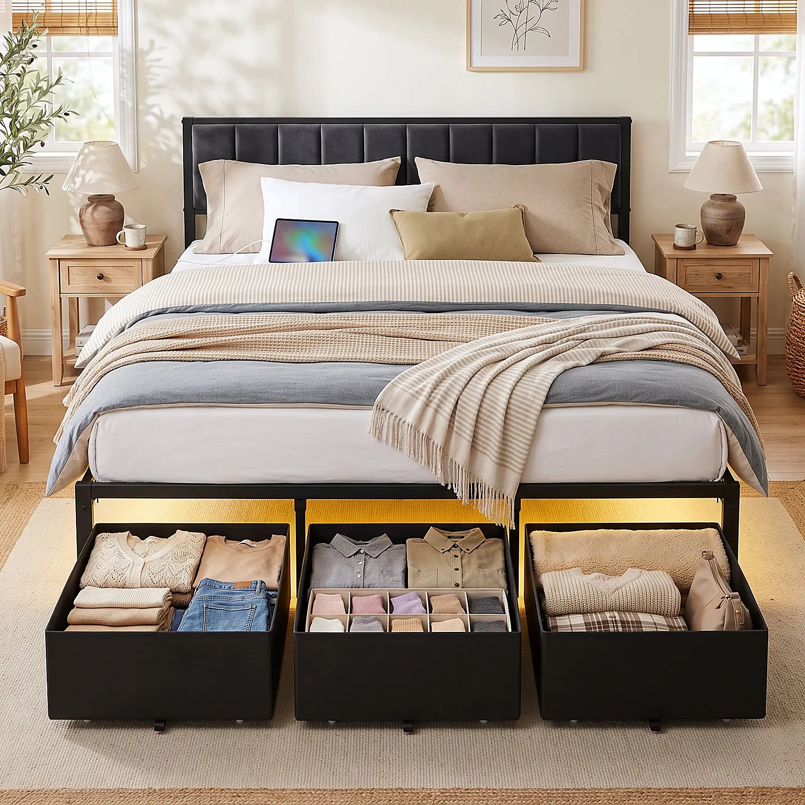 DAYAGO Bed Frame with Storage Drawers, Upholstered Headboard, RGB LED Lights & Charging Station, Heavy Duty Metal Platform Bed, No Box Spring Needed, Twin/Full/Queen/King, Black, Multi-Size