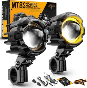 Motorcycle Auxiliary Lights Fog Lights LED Driving Light Spotlight with Halo DRL, White/Amber 8 Modes Dual-Color Strobe LED Offroad Work Lights for Motorcycle SUV ATV Trucks