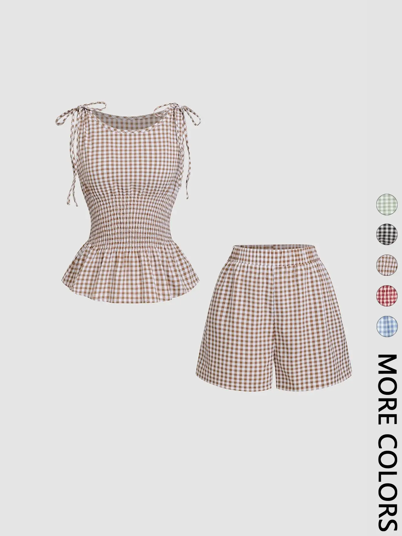 2 Piece Women's Gingham Woven Fitted Adjustable Tie Shoulder Straps Smocked Waist Peplum Tank Top & Shorts Matching Set, Sleeveless Top Set, Elastic Waistband, Breathable Lightweight Fabric for Daily Vacation Home Leisure