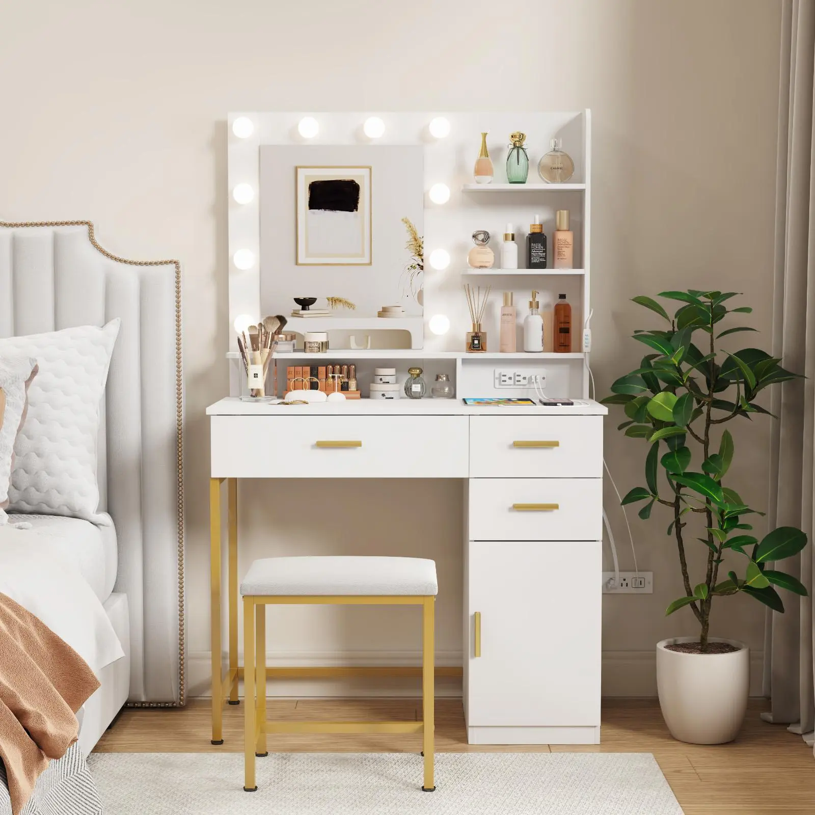 Lifewit 31.5"/35.4"/38.6"W Vanity Desk with Mirror Lights Drawers, 3 Adjustable Brightness, Wooden TOP Kids Vanity Daughter Gift Mothers Day Gifts,summerwins,dorm essentials,home decor