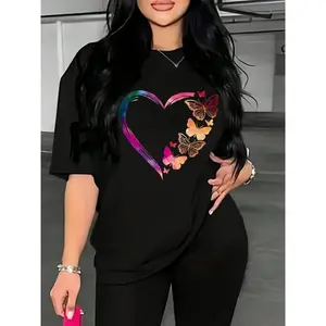Women's Butterfly & Heart Print Drop Shoulder Tee, Fashion Casual Round Neck Half Sleeve T-Shirt for Daily Wear, Ladies Clothes for All Seasons, Womenswear