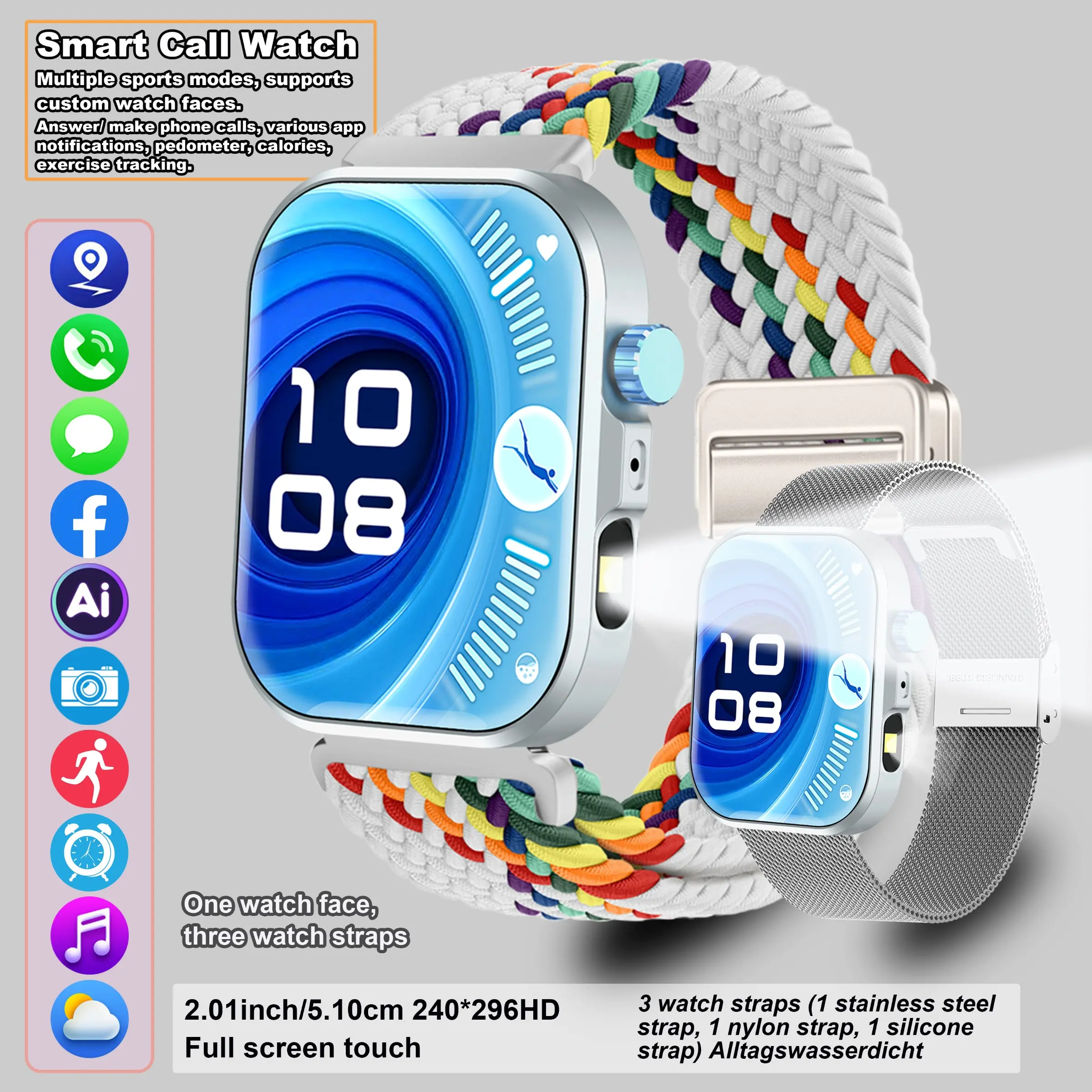 Smartwatch with wireless calling function, Multifunctional smartwatch, high-resolution touchscreen, sports data monitoring, pedometer, voice assistant, multiple sports modes, alarm clock, outdoor flashlight, app notifications