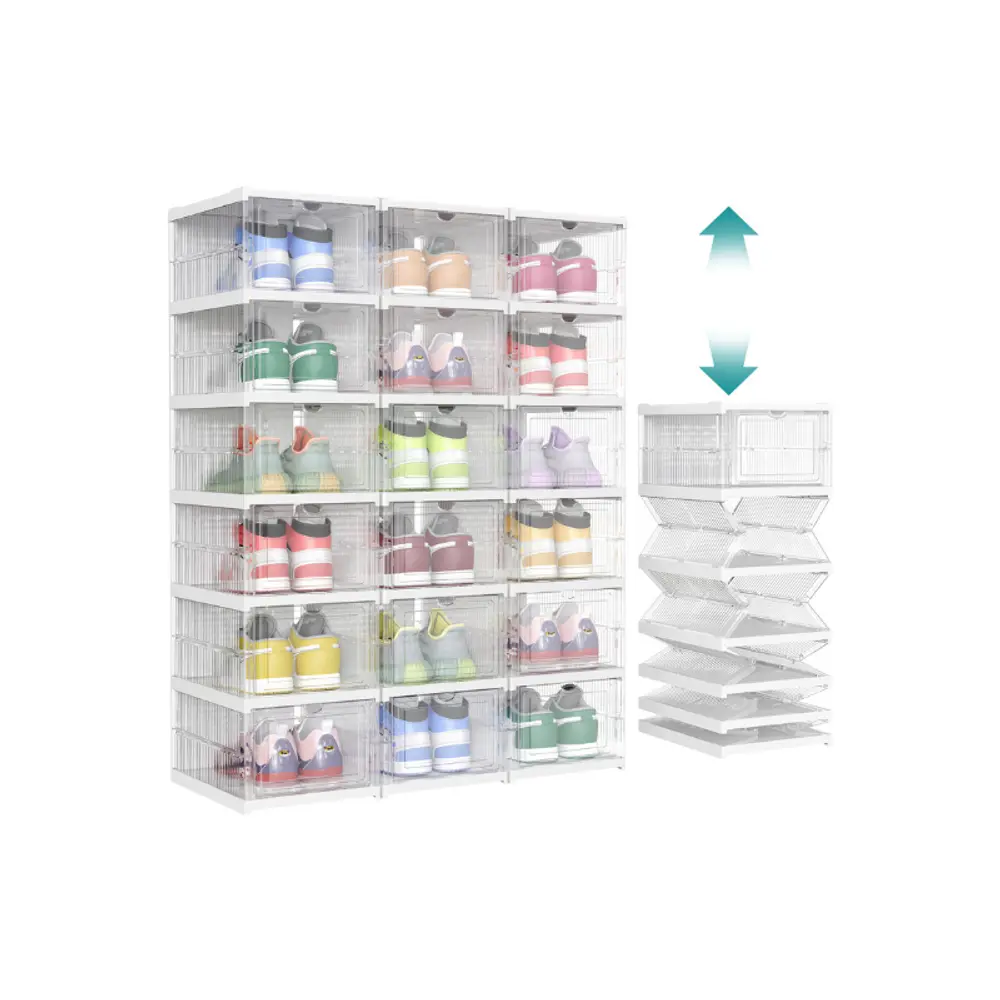 SONGMICS Collapsible Stackable Transparent Shoeboxes, Home Closet Storage Organization System, Portable Racks, Fits Up to US Size 13, 60s Assembly