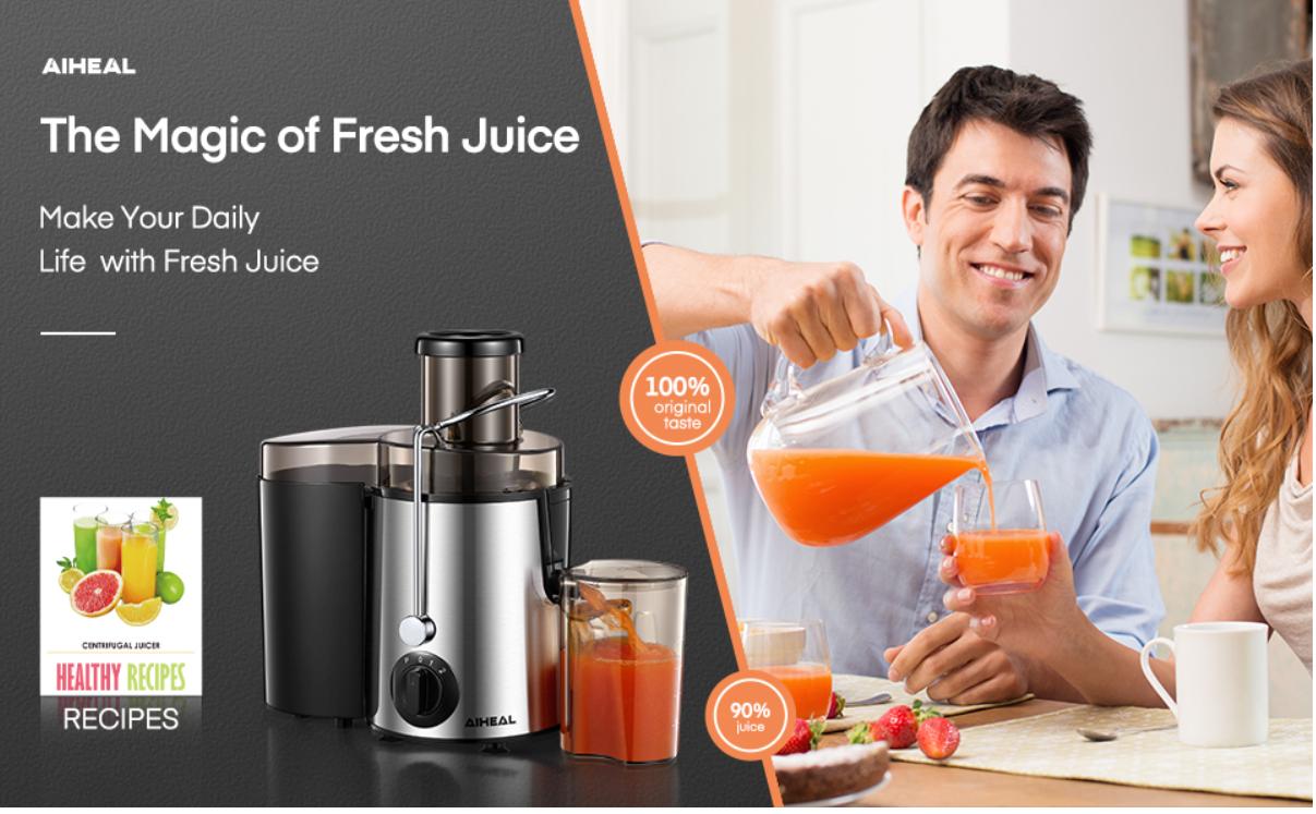 Aiheal Juicer Machine with 3-Speed Centrifugal Juicer, 3 Inch Wide Mouth Feed Chute, Cleaning Brush, and Recipe BPA-Free