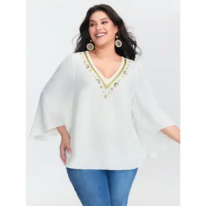 【Summer Turn-Up】【Neck-Lengthening】BlOOMCHIC Plus Size Star Moon Embroidered Neckline Flared Blouse [M-6X] 2026 Summer Pick for Mother's Day,summervibes